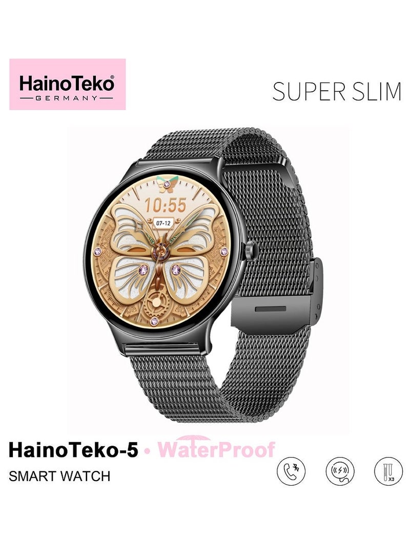HainoTeko-5 Super Slim Smart Watch Round Shape AMOLED Display With Waterproof AI Voice Assistance and 3 Pair Straps For Ladies Black - Image 3